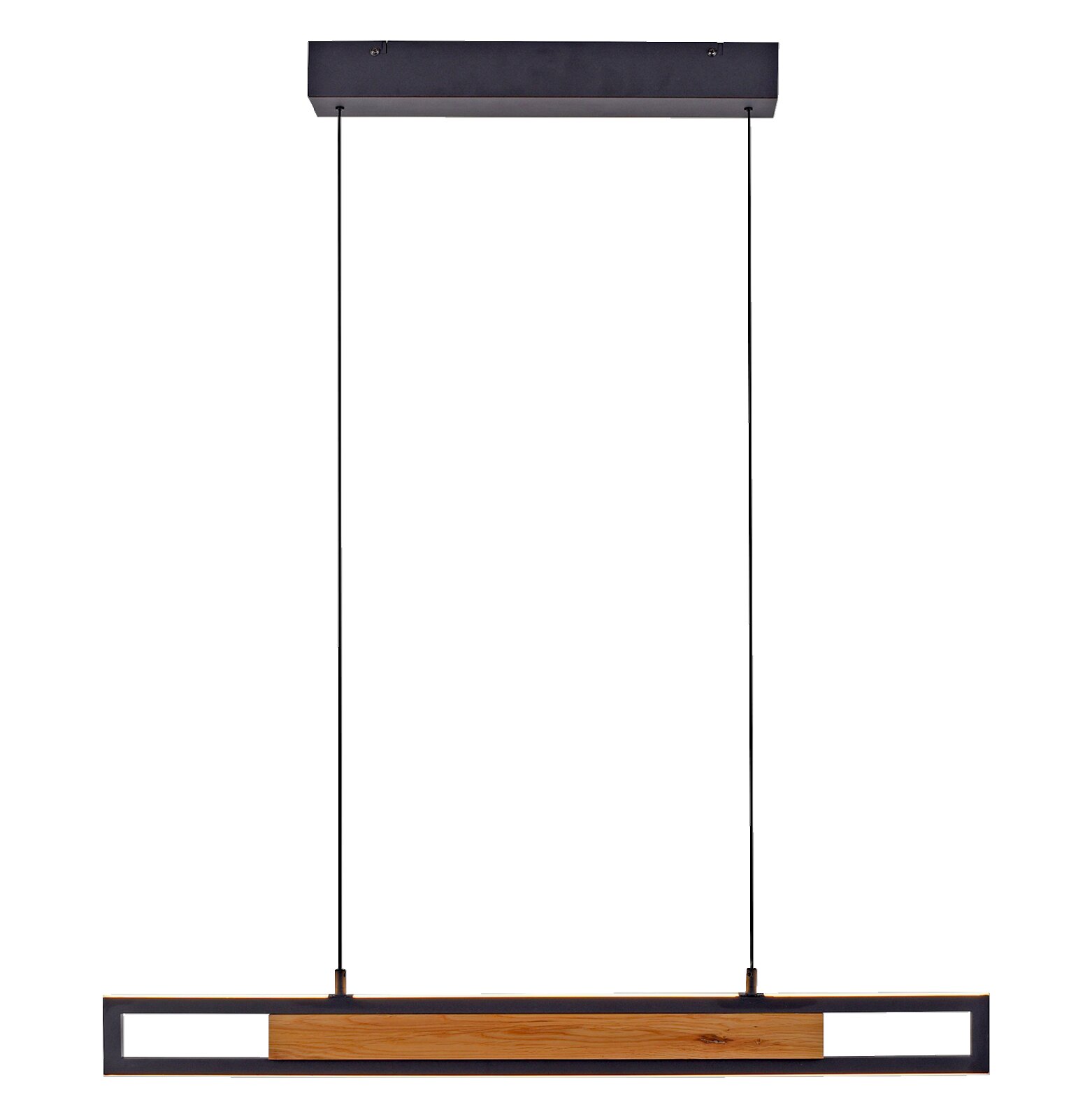 Vooraanzicht van een moderne lineaire hanglamp met zwart metalen frame, houten accent en geïntegreerde ledverlichting