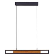 Vooraanzicht van een moderne lineaire hanglamp met zwart metalen frame, houten accent en geïntegreerde ledverlichting