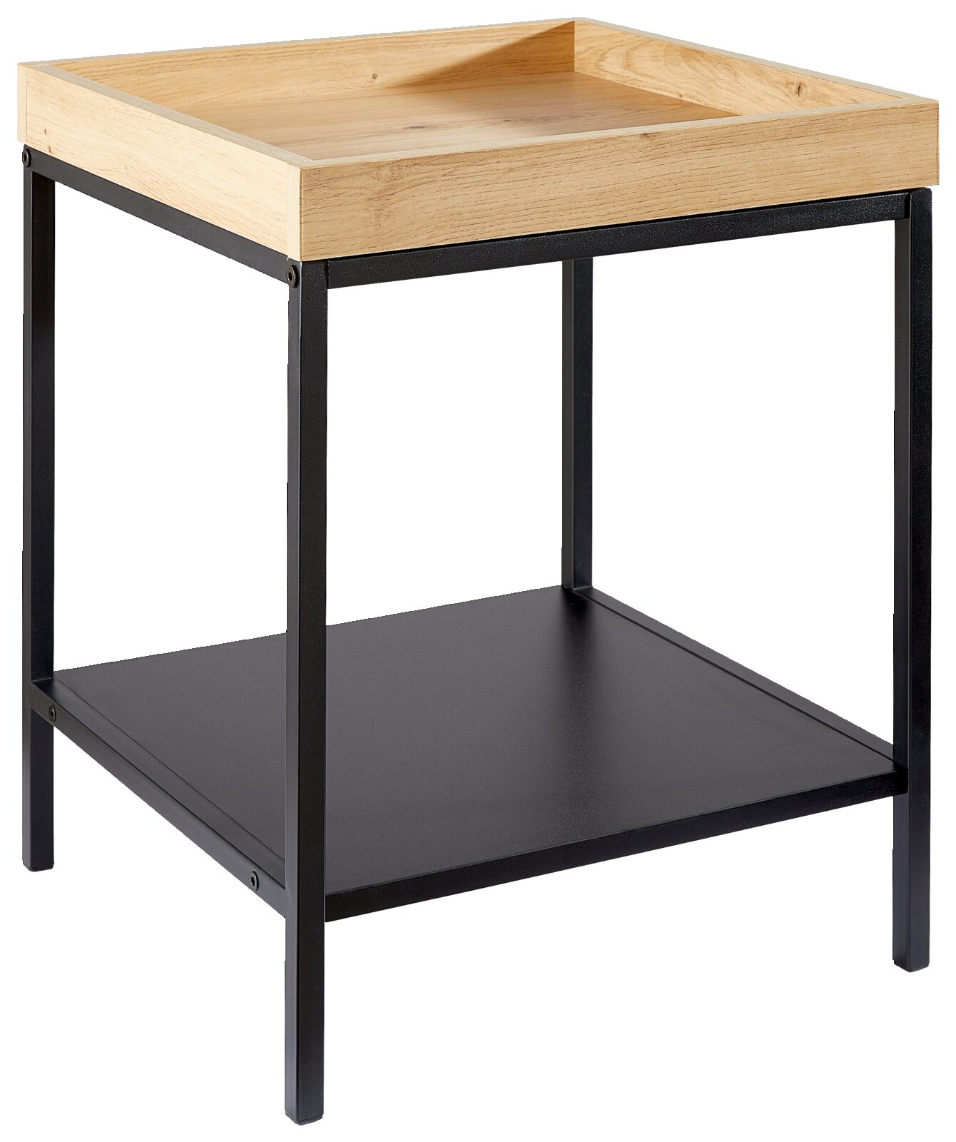 Moderner Beistelltisch mit Holzplatte und schwarzem Metallgestell, seitliche Perspektive