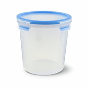 Runde, transparente Kunststoffdose mit blauem Deckel und Clip-Verschluss, seitliche Perspektive