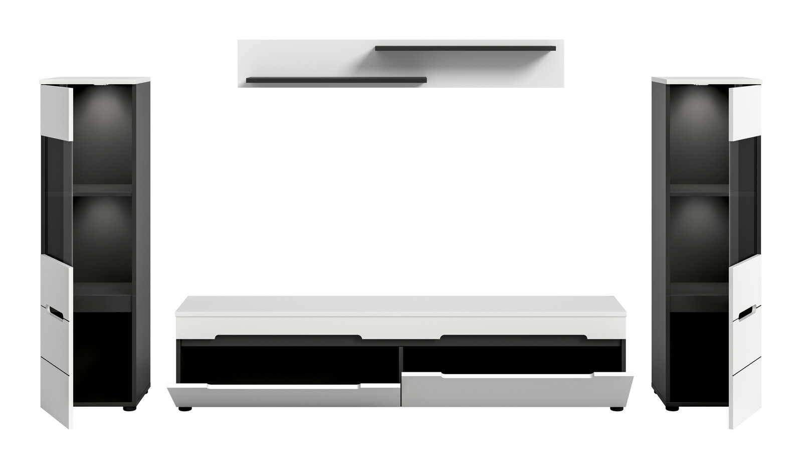 Modernes Wohnzimmermöbel-Set in Schwarz-Weiß: TV-Lowboard mit zwei Schubladen, zwei hohe Vitrinenschränke mit Glastüren und zwei Wandregale, frontal aus der Vorderansicht auf weißem Hintergrund