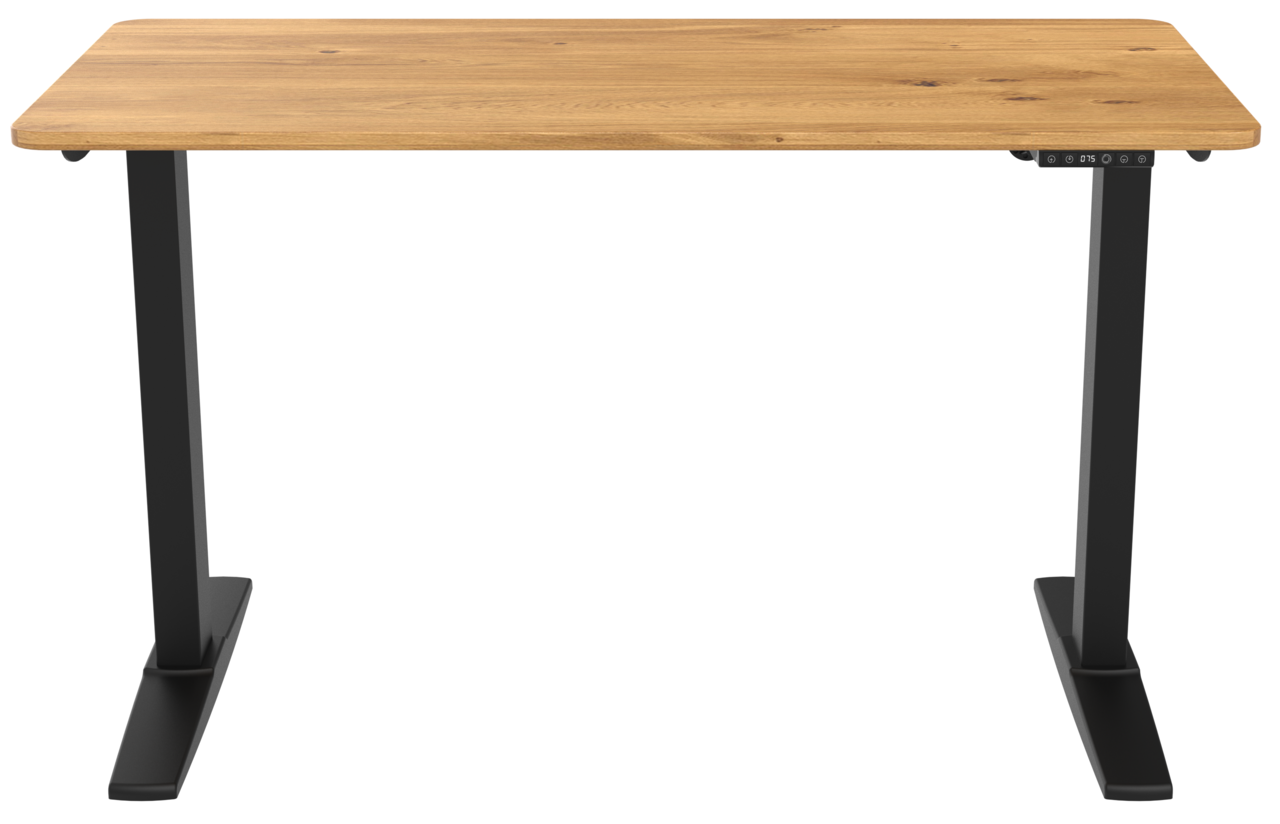 Moderner E-Schreibtisch mit Holzoberfläche und schwarzen Metallbeinen, Frontalansicht.